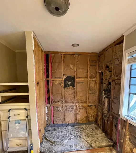 Shower walls opened to the studs